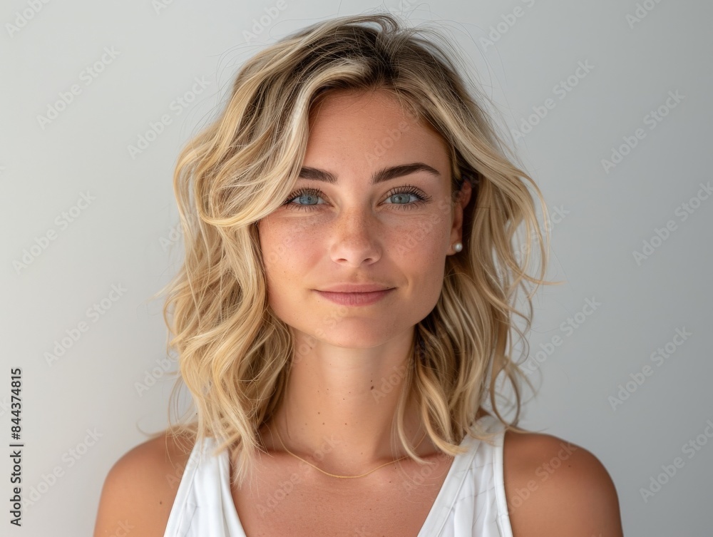 Blonde Woman With Wavy Hair Smiling Against White Wall Blonde Woman With Wavy Hair Smiling Against White Wall