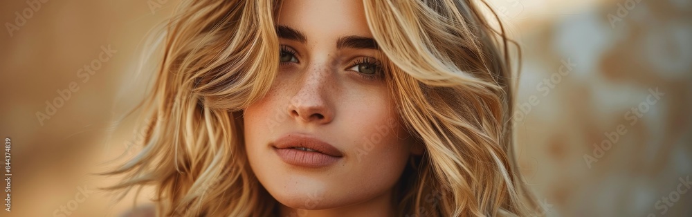 Blonde Woman With Shoulder Length Wavy Hair Looking Into The Distance Blonde Woman With Shoulder Length Wavy Hair Looking Into The Distance