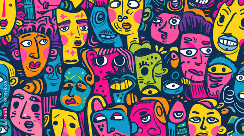 Colorful Happy Face Doodle Expressions Playful Hand-drawn Pattern © Thanos