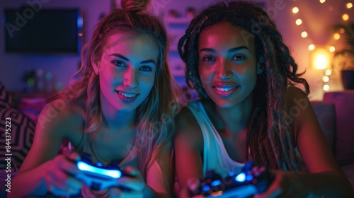 Two friends play video games together, focused on the screen. Friendship Day