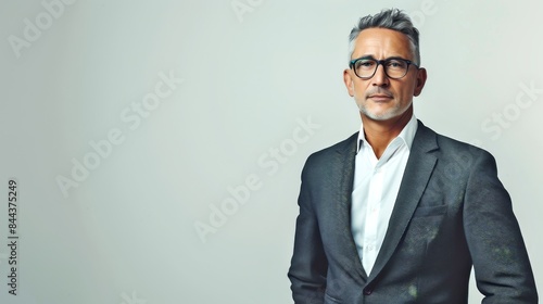 Confident mature businessman in a gray suit and glasses standing against a gray background. This image exudes professionalism and corporate style. Ideal for business, corporate