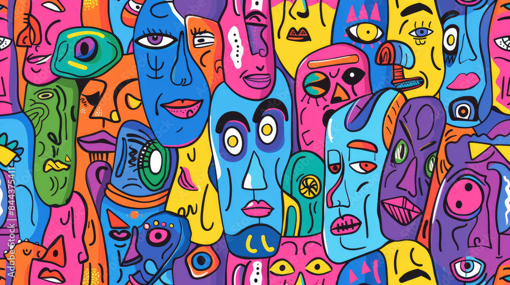 Colorful Happy Face Doodle Expressions Playful Hand-drawn Pattern