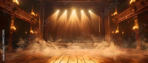 Elegant Historical Theater Stage with Spotlights and Hazy Ambiance for Live Performance Backdrop