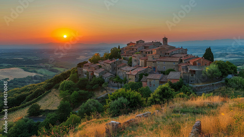 Discover the magic of a small medieval village in southern Europe as the sun sets over the hill.