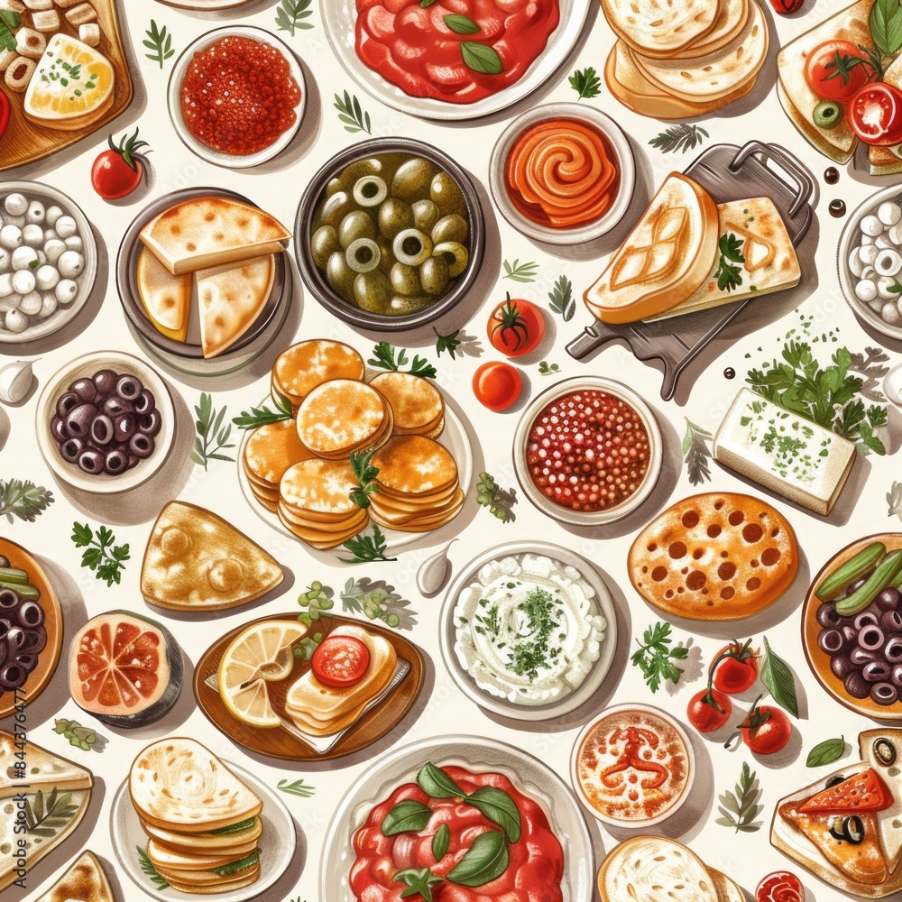 Create a seamless background of Russian cuisine including blini, borscht, and caviar, designed to tile perfectly without visible seams, a seamless pattern