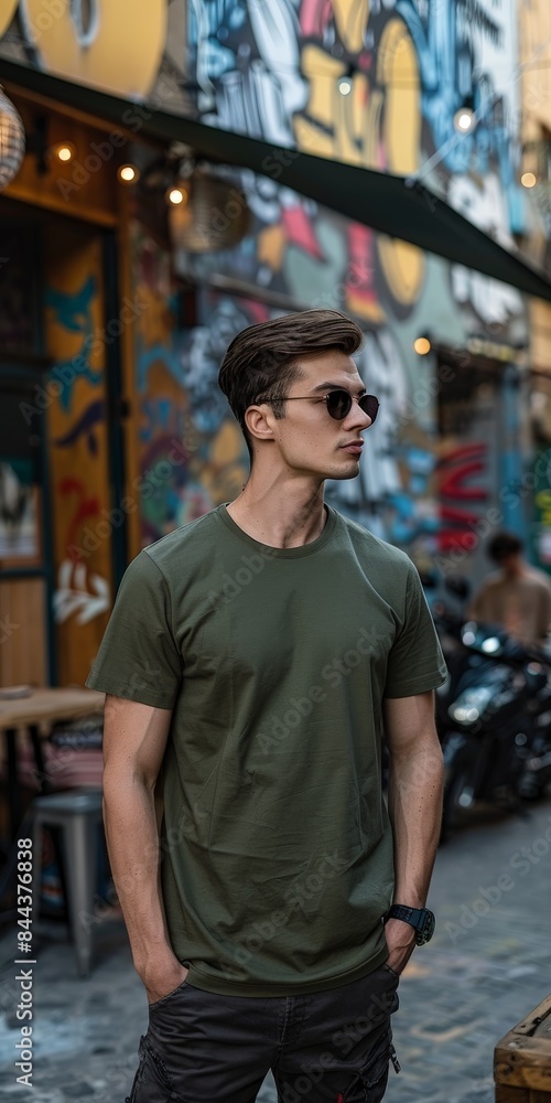 Man Wearing a Green T-Shirt Standing in a City Street Man Wearing a Green T-Shirt Standing in a City Street