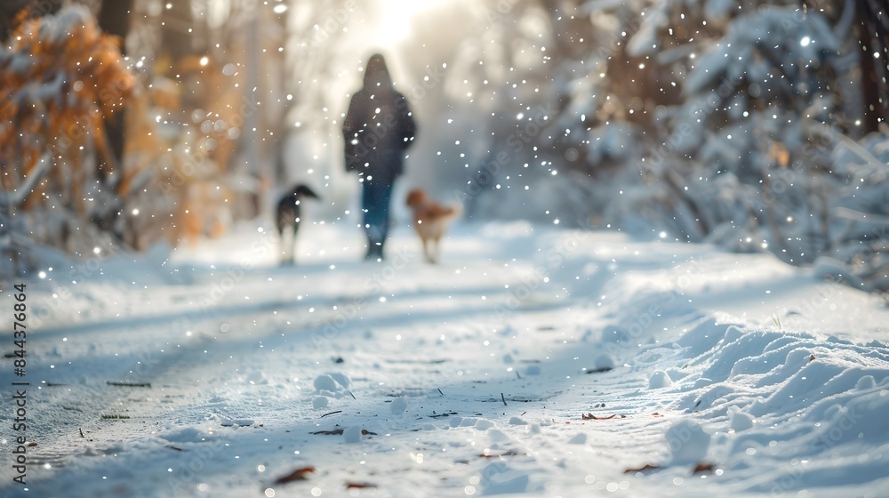Defocused Snowy Path with a Dog Walker Blurred in the Winter Scene Defocused Snowy Path with a Dog Walker Blurred in the Winter Scene
