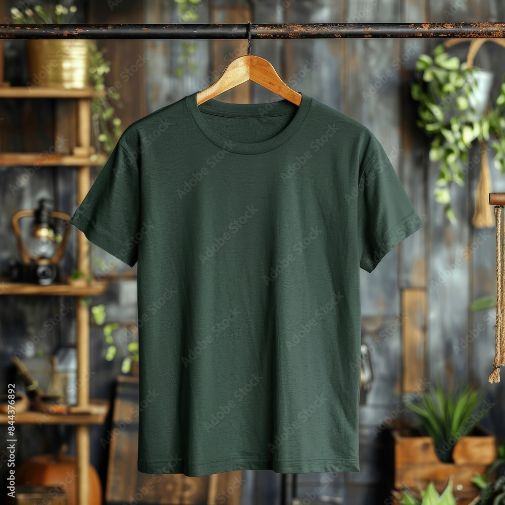 Green T-Shirt Hanging on Wooden Hanger in Rustic Setting Green T-Shirt Hanging on Wooden Hanger in Rustic Setting