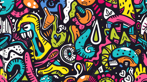 Colorful Funky Doodles Pattern. Whimsical and Fun Art Design