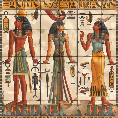 Produce a tileable background of Egyptian gods and goddesses in hieroglyphic style, crafted to join seamlessly in all directions, a seamless pattern