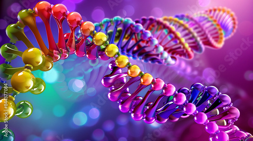 A colorful DNA spiral against a background of shades of purple. This abstract visualization symbolizes the complexity of life and genetics.
