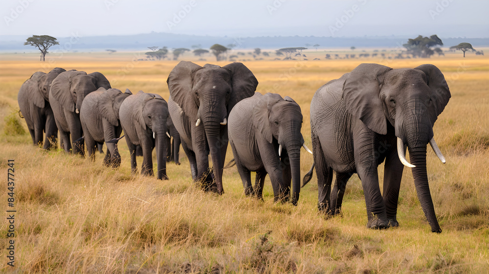 A majestic herd of elephants slowly traveling through the vast African savannah under golden sky. A majestic herd of elephants slowly traveling through the vast African savannah under golden sky.