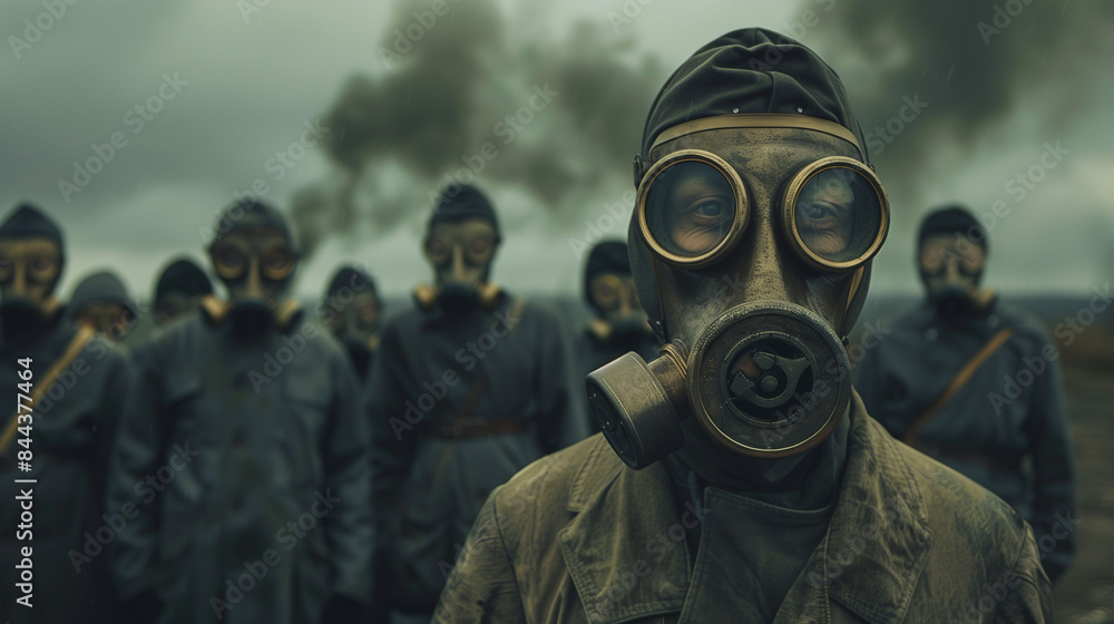 A man wearing a gas mask stands in front of a group of other men. Its presence in such protective equipment may indicate a danger or emergency situation. A man wearing a gas mask stands in front of a group of other men. Its presence in such protective equipment may indicate a danger or emergency situation.