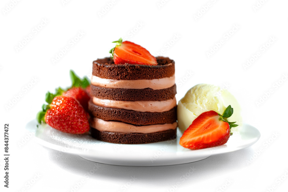 苺とバニラアイスクリームを添えたチョコレートケーキの皿 白背景の切り抜き 苺とバニラアイスクリームを添えたチョコレートケーキの皿 白背景の切り抜き