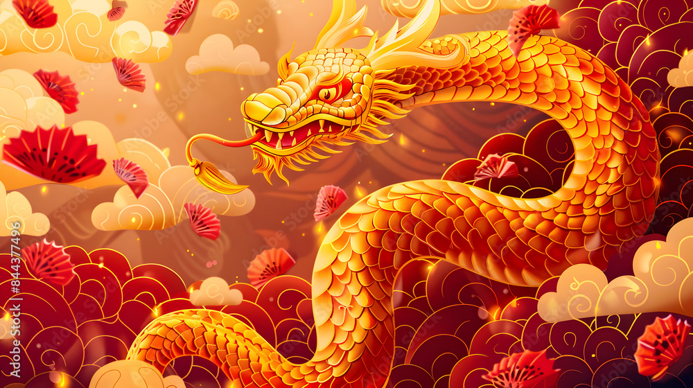 Obraz premium Golden snake. in the cartoon style. surrounded by auspicious clouds and red envelopes