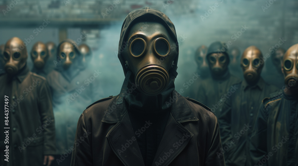 A man wearing a gas mask stands in front of a group of other men. Its presence in such protective equipment may indicate a danger or emergency situation. A man wearing a gas mask stands in front of a group of other men. Its presence in such protective equipment may indicate a danger or emergency situation.