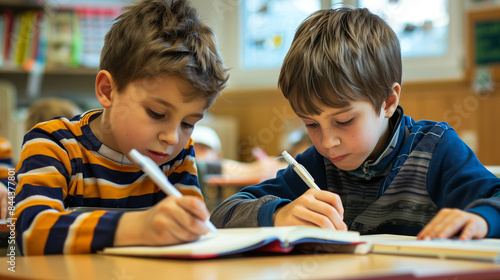 Two young boys sitting at a desk in a classroom writing in their notebooks. Their working together on a task suggests an atmosphere of cooperation and learning.