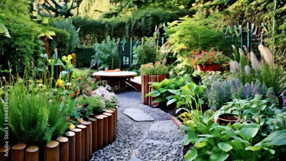 A well maintained garden with a variety of plants and flowers. It has raised wooden beds with shrubs and flowering plants.The theme demonstrates landscape design A well maintained garden with a variety of plants and flowers. It has raised wooden beds with shrubs and flowering plants.The theme demonstrates landscape design