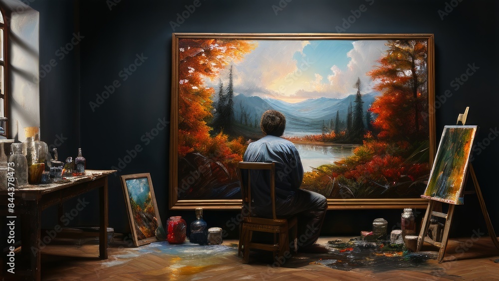 An artist sits in front of a large canvas. It depicts a colorful landscape. The painting depicts a calm natural setting: mountains in the background, trees with fall foliage and a river or lake. An artist sits in front of a large canvas. It depicts a colorful landscape. The painting depicts a calm natural setting: mountains in the background, trees with fall foliage and a river or lake.