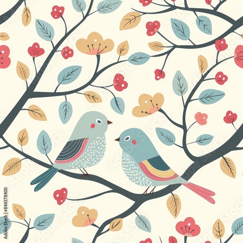Create a seamless background of lovebirds and whimsical wedding themes, designed to tile perfectly without visible seams, a seamless pattern