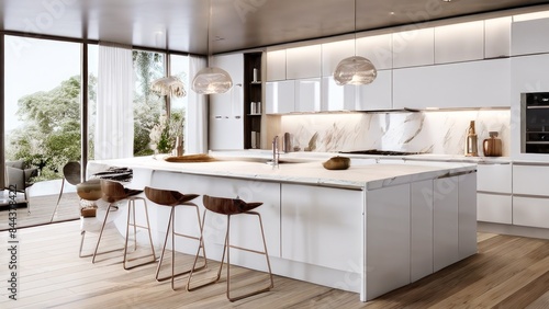 Modern kitchen interior with an inimalistic design. The kitchen is equipped with white furniture, marble tiles on the apron and countertop. In the center there is an island with a built-in sink, aroun © COK House