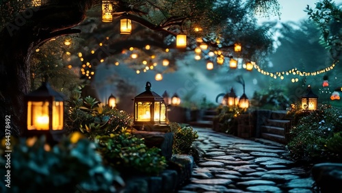 a tranquil outdoor scene at dusk. It shows a paved walkway with a wooden railing. Hanging above the walkway are rows of small  lighted lights that add a warm and welcoming glow.