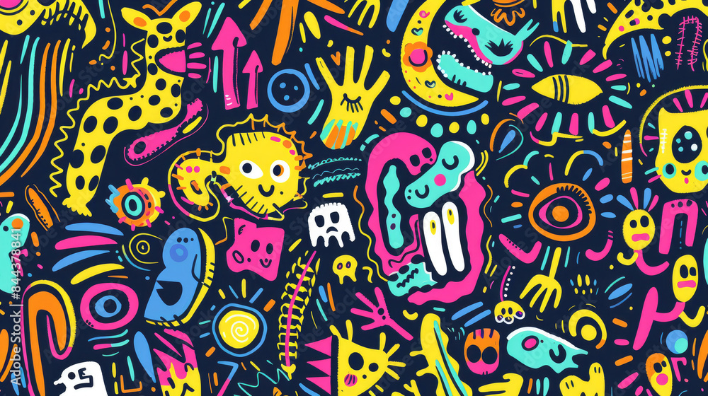 Colorful Funky Doodles Pattern. Whimsical and Fun Art Design Colorful Funky Doodles Pattern. Whimsical and Fun Art Design