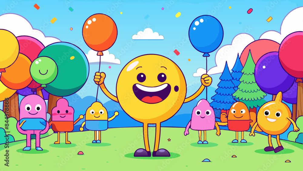 Obraz premium Colorful Animated Party Characters Celebrating with Balloons and Confetti