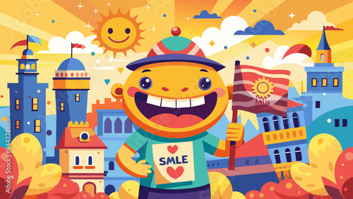 Cheerful Cartoon Character Exploring Colorful Fantasy Cityscape
