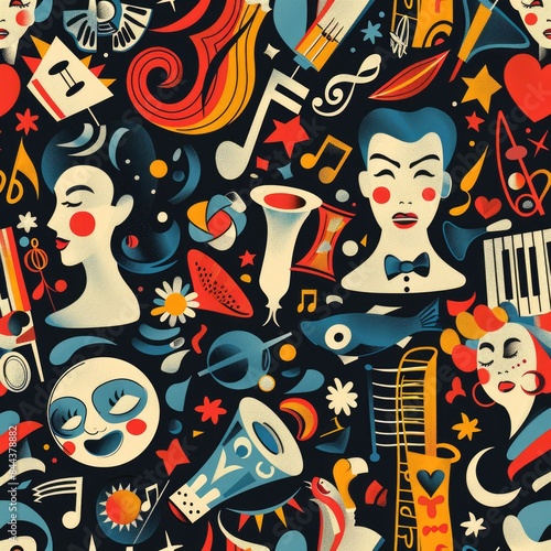 Design a seamless background with musical theater themes and Broadway elements, suitable for use as a repeating pattern, a seamless pattern