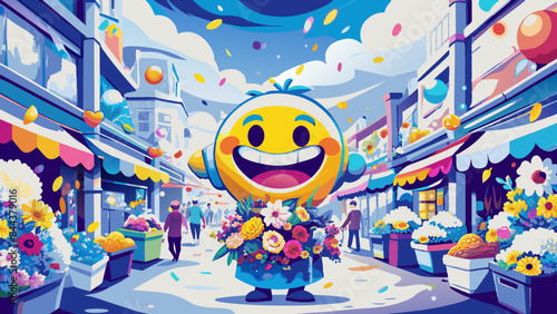 Vibrant Smiley Face Balloon Amongst Floral Market Festivities
