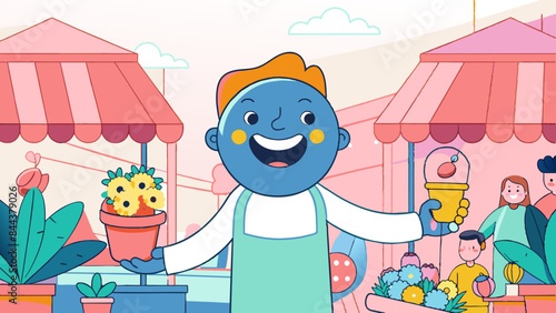 Cheerful Cartoon Character Enjoying a Sunny Day at the Outdoor Market