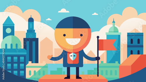 Cheerful Businessman Cartoon with Flag in Urban Landscape