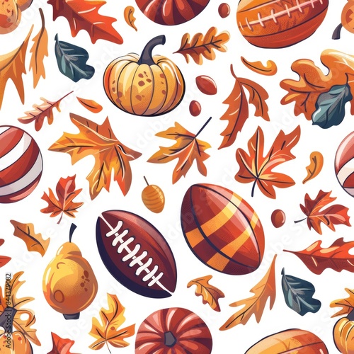 Create a seamless background of Thanksgiving traditions like football and family games, designed to tile perfectly without visible seams, a seamless pattern