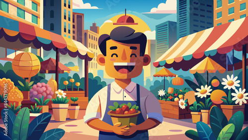 Cheerful Market Vendor with Fresh Produce at Sunny Urban Farmers Market