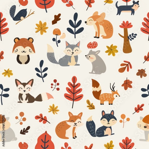 Generate a tileable background featuring woodland creatures and fall forest themes, ensuring no visible edges or seams, a seamless pattern
