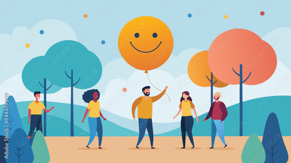 Joyful Group of People Enjoying a Sunny Day Outdoors with Smiley Balloon Joyful Group of People Enjoying a Sunny Day Outdoors with Smiley Balloon