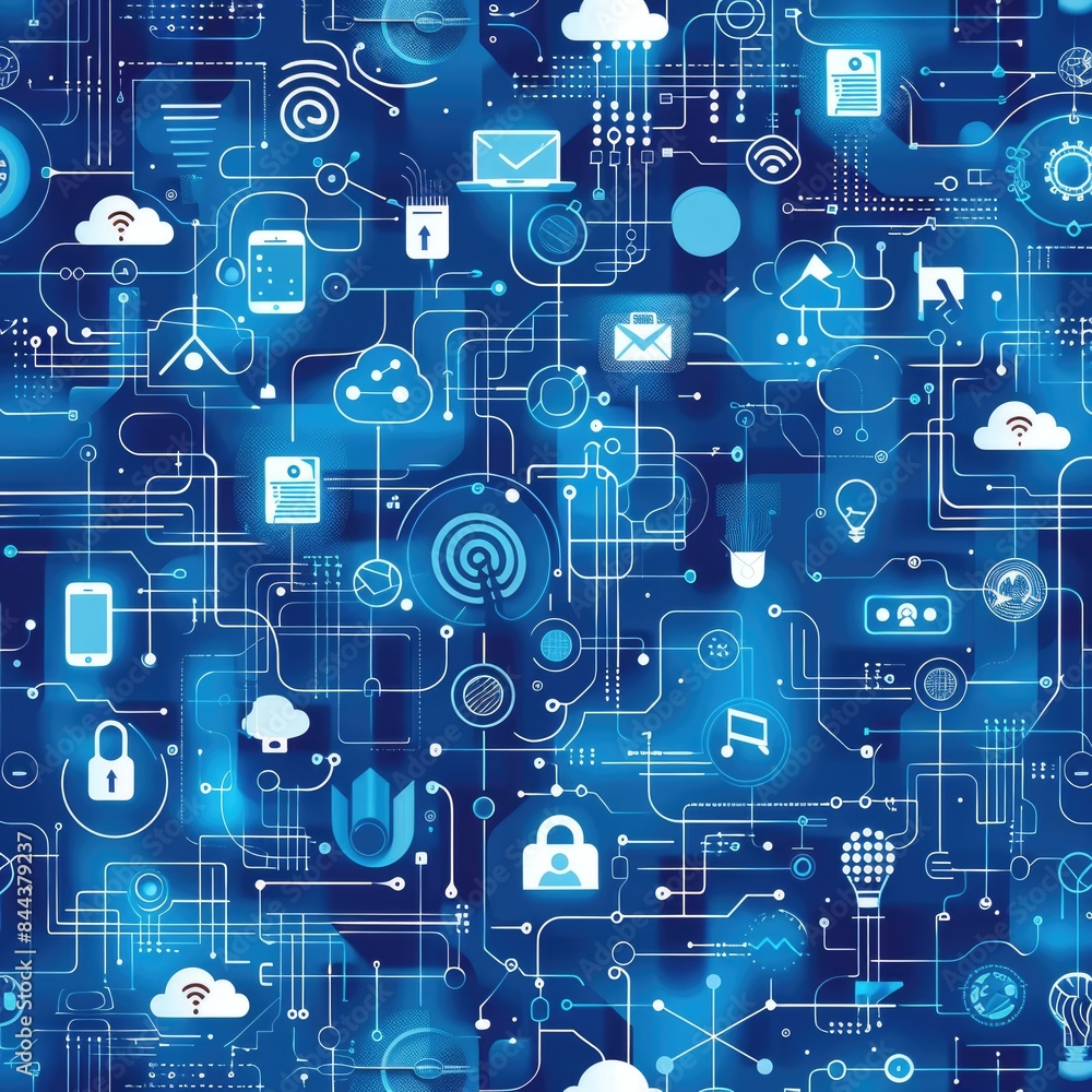 Create a seamless background of digital technology elements like coding symbols and cloud computing, designed to tile perfectly without visible seams, a seamless pattern Create a seamless background of digital technology elements like coding symbols and cloud computing, designed to tile perfectly without visible seams, a seamless pattern