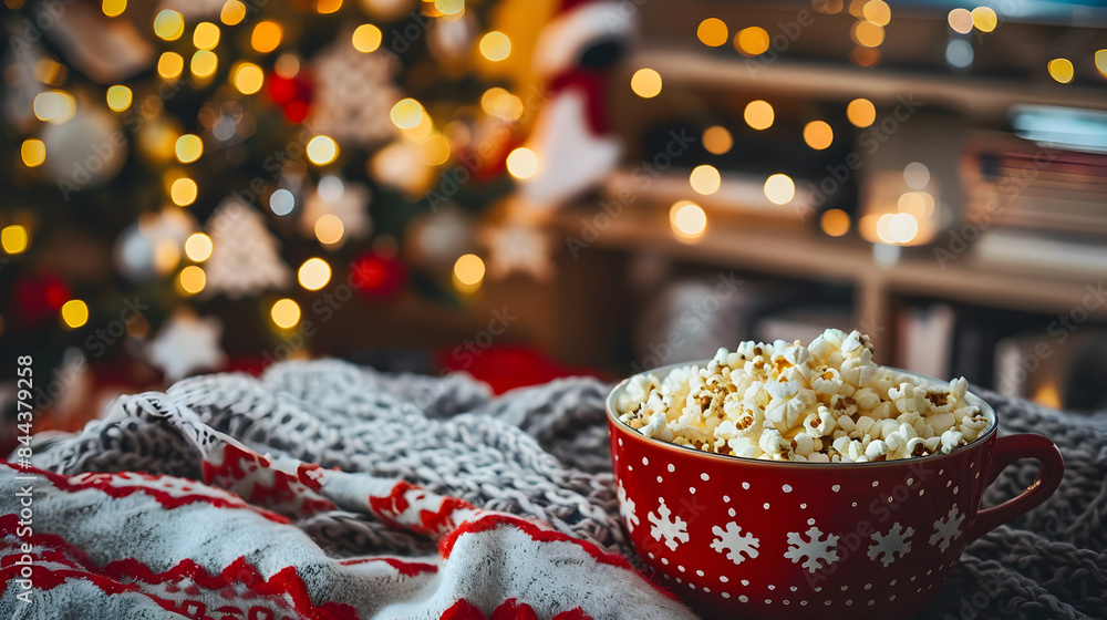 Cozy night with holiday movie, popcorn, and warm blankets for a perfect festive evening. Cozy night with holiday movie, popcorn, and warm blankets for a perfect festive evening.