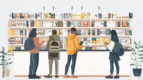 Two individuals browse bookshelves in a busy bookstore. Friendship Day