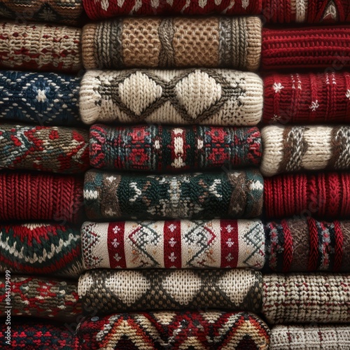 Generate a tileable background featuring cozy knit patterns and holiday sweaters, ensuring no visible edges or seams, a seamless pattern