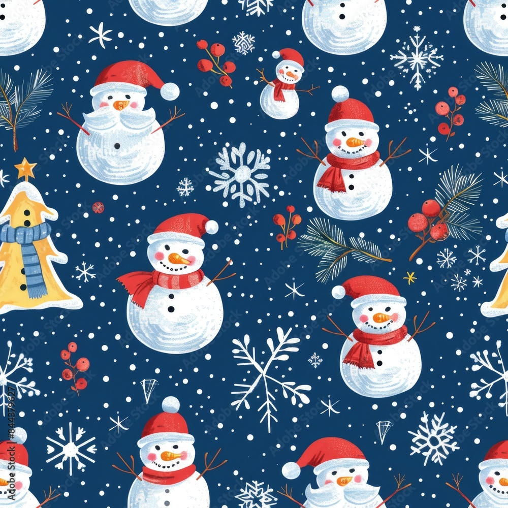 Design a seamless background with Santa Claus and snowmen in a winter wonderland, suitable for use as a repeating pattern, a seamless pattern Design a seamless background with Santa Claus and snowmen in a winter wonderland, suitable for use as a repeating pattern, a seamless pattern