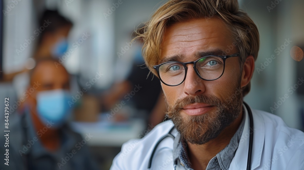 A male doctor wearing glasses and a white coat looks directly at the camera with a calm, professional expression. A male doctor wearing glasses and a white coat looks directly at the camera with a calm, professional expression.