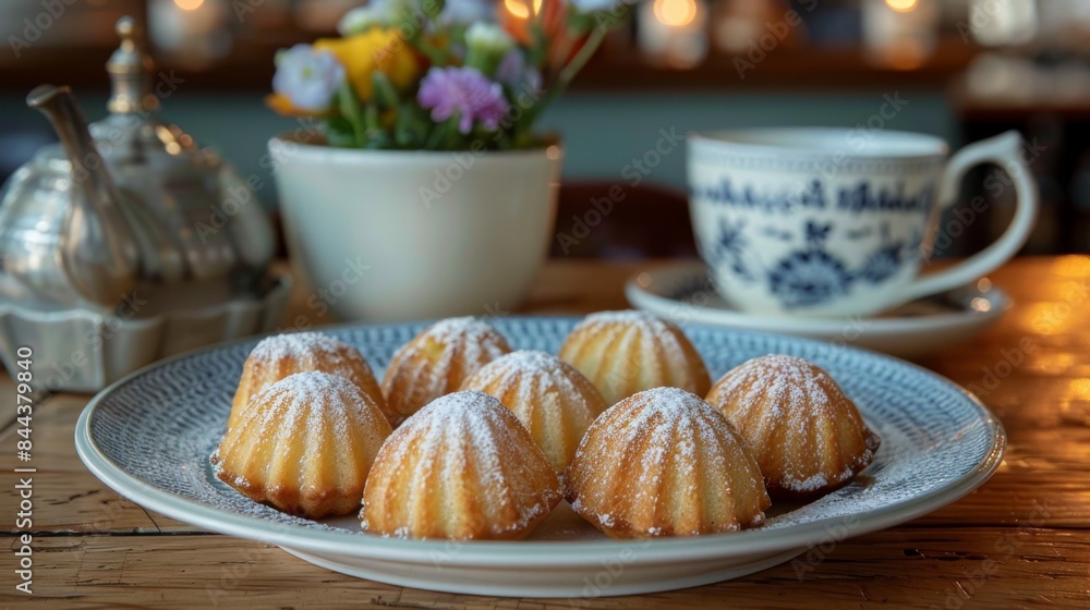 Madeleines: A plate of delicate madeleines with their characteristic shell shape, lightly dusted with powdered sugar. Traditional French pastry. Madeleines: A plate of delicate madeleines with their characteristic shell shape, lightly dusted with powdered sugar. Traditional French pastry.