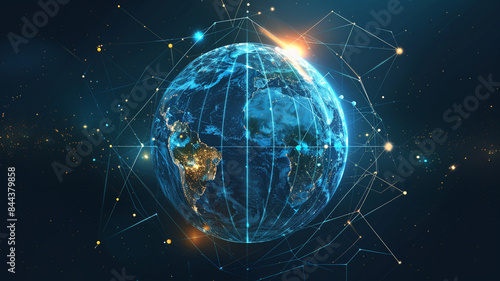 Accessing the world wide web via wireless satellite networks on smartphones. Cloud services connecting every corner of Earth. Explore holographic realms of  abstract. copy  space