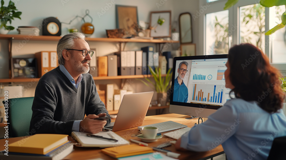 Senior businessman talking on video call on laptop, smiling Have digital meeting on webcam, Caucasian people on computer Virtual event concept technology Senior businessman talking on video call on laptop, smiling Have digital meeting on webcam, Caucasian people on computer Virtual event concept technology