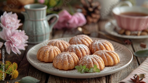 Madeleines: A plate of delicate madeleines with their characteristic shell shape, lightly dusted with powdered sugar. Traditional French pastry.