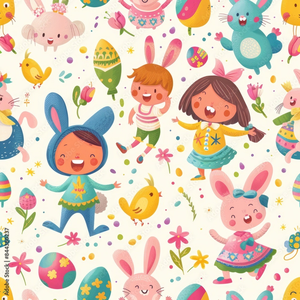 Design a seamless background with Easter parade elements like floats and costumes, suitable for use as a repeating pattern, a seamless pattern Design a seamless background with Easter parade elements like floats and costumes, suitable for use as a repeating pattern, a seamless pattern