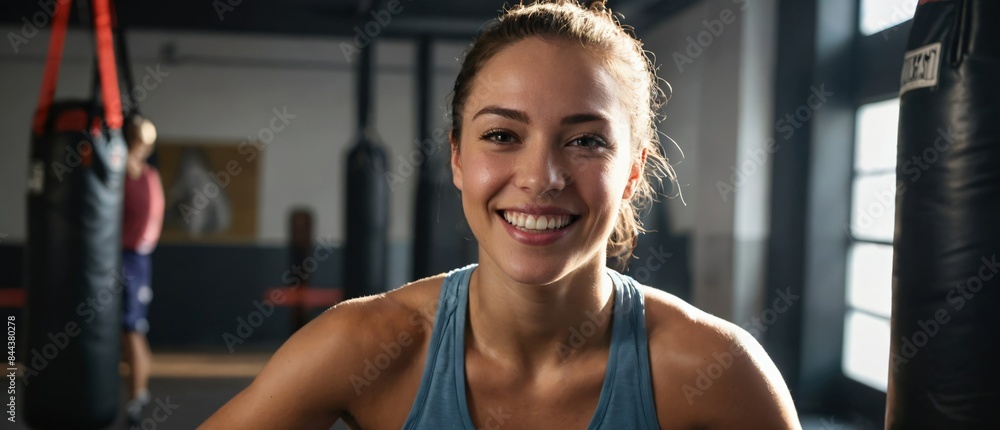 A smiling woman in workout attire is pictured in a gym with punching bags, creating an energetic and motivational atmosphere. Ideal for fitness and lifestyle promotions or motivational content. A smiling woman in workout attire is pictured in a gym with punching bags, creating an energetic and motivational atmosphere. Ideal for fitness and lifestyle promotions or motivational content.