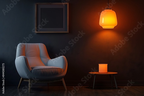Modern chair, glowing lamp and frame hanging on dark wall